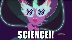 Size: 1070x603 | Tagged: safe, derpibooru import, edit, edited screencap, screencap, sci-twi, twilight sparkle, equestria girls, friendship games, discovery family logo, dr. insano, image macro, meme, midnight sparkle, midnight sparkle's lines, science, solo, spoony, the spoony experiment