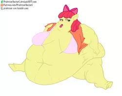 Size: 1000x790 | Tagged: suggestive, artist:professordoctorc, derpibooru import, apple bloom, anthro, unguligrade anthro, apple blob, bbw, belly, belly button, big belly, breasts, cellulite, clothes, commission, fat, female, food, immobile, morbidly obese, obese, older, simple background, solo, solo female, ssbbw, stretchmarks, tongue out, torn clothes, unshorn fetlocks, wardrobe malfunction, weight gain, white background