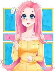 Size: 1101x1409 | Tagged: artist:ikane96, bare shoulders, clothes, derpibooru import, fluttershy, human, humanized, nail polish, safe, solo, sweater, sweater dress, sweatershy