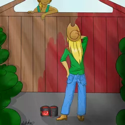 Size: 2700x2700 | Tagged: applejack, artist:helgabuttercup, braeburn, derpibooru import, fence, human, humanized, paint, safe