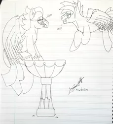 Size: 1324x1444 | Tagged: safe, artist:summerium, derpibooru import, oc, oc:darius, oc:summer lights, unofficial characters only, pegasus, pony, angry, behaving like a bird, bird bath, black and white, duo, fight, flying, grayscale, hissing, lined paper, monochrome, sitting, spread wings, traditional art