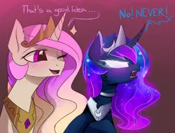 Size: 1280x971 | Tagged: safe, artist:magnaluna, derpibooru import, princess celestia, princess luna, pony, angry, annoyed, blushing, bust, cheek fluff, chest fluff, collar, colored pupils, crossed hooves, crown, curved horn, dialogue, duo, ear fluff, fangs, female, fluffy, frown, galaxy mane, glare, glowing eyes, gradient background, implied lesbian, implied twilunestia, jewelry, lidded eyes, looking away, mare, neck fluff, one eye closed, open mouth, polyamory, regalia, royal sisters, simple background, smiling, wink, yelling