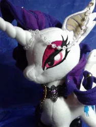 Size: 720x960 | Tagged: safe, artist:legadema, derpibooru import, rarity, bat pony, pony, irl, jewelry, lidded eyes, photo, plushie, race swap, raribat, solo