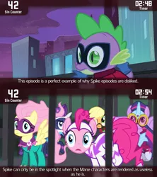 Size: 640x720 | Tagged: safe, derpibooru import, edit, edited screencap, screencap, applejack, fili-second, fluttershy, pinkie pie, rainbow dash, rarity, spike, twilight sparkle, twilight sparkle (alicorn), alicorn, pony, cinemare sins, power ponies (episode), drama, mane seven, mane six, power ponies