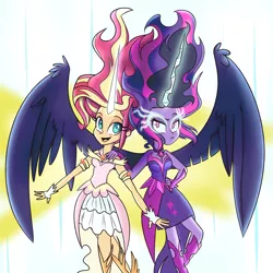 Size: 1024x1023 | Tagged: safe, artist:wubcakeva, derpibooru import, sci-twi, sunset shimmer, twilight sparkle, equestria girls, friendship games, bare shoulders, clothes, cute, daydream shimmer, dress, evil, fingerless gloves, gloves, good, happy, midnight sparkle, open mouth, shimmerbetes, sleeveless, strapless, unamused