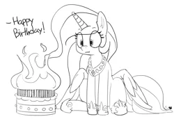 Size: 1280x874 | Tagged: artist:pabbley, birthday, cake, cakelestia, candle, cute, derpibooru import, dialogue, fire, food, grayscale, immortality blues, monochrome, princess celestia, safe, simple background, sitting, solo, :t, white background