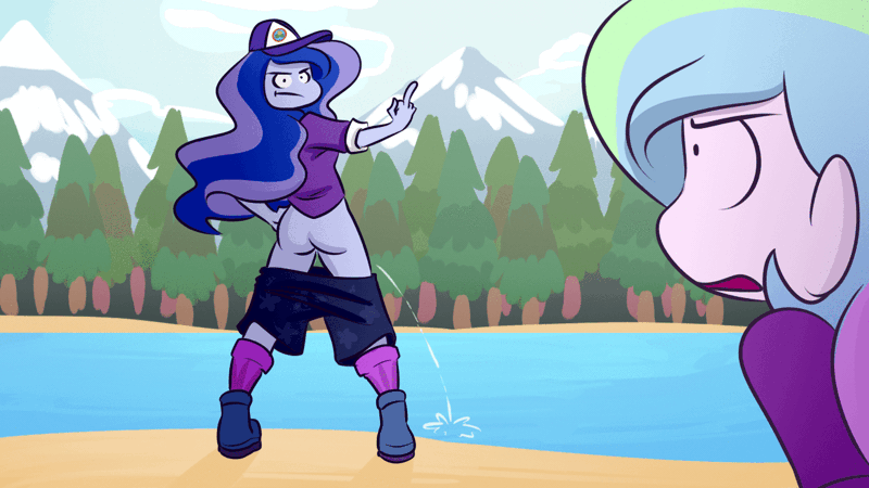 Size: 1280x720 | Tagged: suggestive, artist:ponut_joe, derpibooru import, princess celestia, princess luna, equestria girls, legend of everfree, :t, animated, ass, butt, clothes, fetish, gif, hat, lake, looking at each other, middle finger, no nose, nudity, open mouth, pants, pants down, pissing, pissing in water, principal celestia, promingent female, shoes, shorts, urine, vice principal luna, vulgar, water