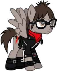 Size: 1021x1286 | Tagged: safe, artist:lightningbolt, derpibooru import, ponified, pegasus, pony, .svg available, armband, buckle, clandestine industries, clothes, glasses, hair over one eye, hoodie, indifferent, jacket, male, mikey way, my chemical romance, pulled up sleeve, scarf, shirt, shoes, simple background, socks, solo, spread wings, stallion, svg, three cheers for sweet revenge, transparent background, undershirt, vector, wristband, zipper