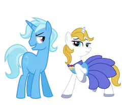 Size: 953x810 | Tagged: safe, derpibooru import, prince blueblood, trixie, pony, unicorn, bluetrix, clothes, dress, jewelry, male, necklace, princess bluebelle, rule 63, shipping, shoes, simple background, straight, transparent background, tristan, vector