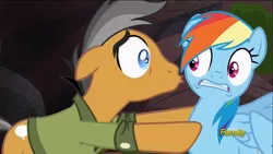 Size: 1366x768 | Tagged: safe, derpibooru import, screencap, quibble pants, rainbow dash, pony, stranger than fan fiction, discovery family logo, out of context, unamused