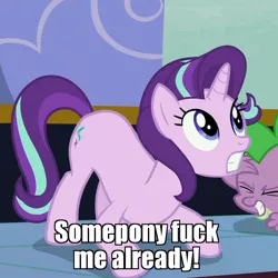 Size: 799x799 | Tagged: suggestive, derpibooru import, edit, edited screencap, screencap, spike, starlight glimmer, dragon, pony, unicorn, to where and back again, anatomically incorrect, caption, estrus, eyes closed, female, female focus, great moments in animation, image macro, implied sex, male, meme, solo focus, vulgar