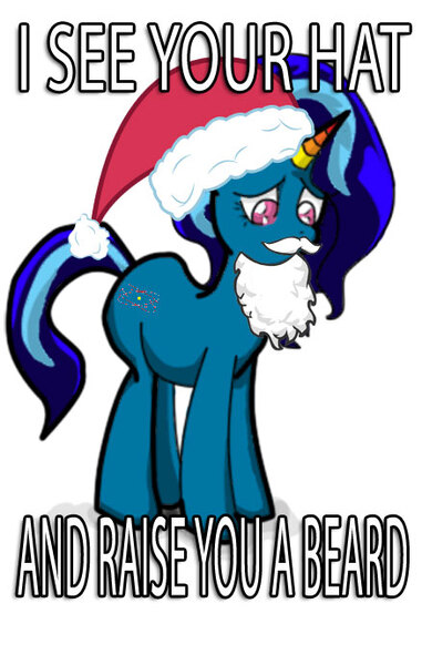 Size: 438x690 | Tagged: artist:fuzzyfurvert, christmas, derpibooru import, fimfiction avatar, hat, holiday, image macro, meme, oc, oc:radio, safe, santa beard, santa hat, simple background, solo, text, unofficial characters only