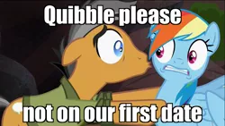 Size: 1366x768 | Tagged: caption, derpibooru import, discovery family logo, edit, edited screencap, image macro, kissing, male, meme, out of context, quibbledash, quibble pants, rainbow dash, rainbow dash is not amused, safe, screencap, shipping, straight, stranger than fan fiction, unamused