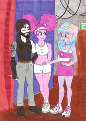 Size: 4934x6980 | Tagged: safe, artist:metaldudepl666, derpibooru import, pinkie pie, oc, oc:shadow sketch, oc:vocal sweets, equestria girls, absurd resolution, backstage, beard, belly button, black metal, bracer, breasts, busty pinkie pie, clothes, concert, crayon drawing, cutie mark, dark circles, edgy, facial hair, female, fingerless gloves, glans, gloves, hairband, heavy metal, jeans, metal, microphone, midriff, pants, pinkie puffs, pinktails pie, shoes, shorts, skirt, smiling, sneakers, socks, sports bra, stage, tanktop, top, traditional art, vambrace