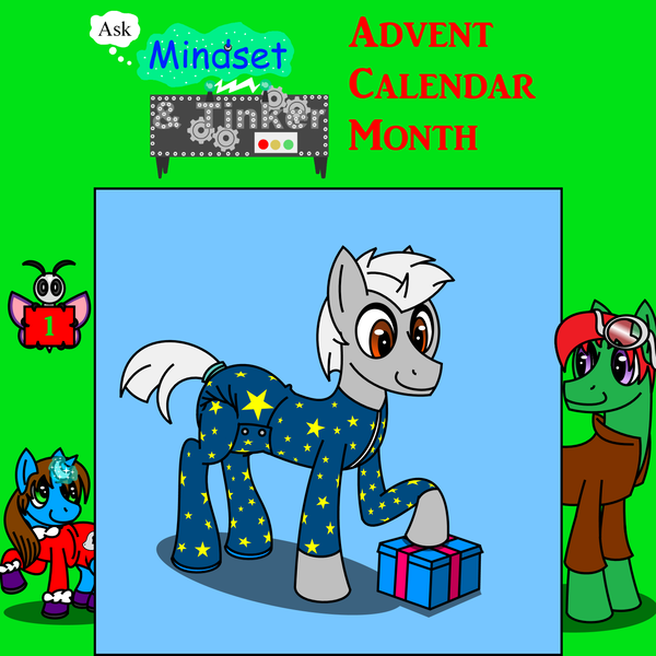 Size: 1400x1400 | Tagged: questionable, artist:neoryan2, derpibooru import, part of a set, oc, oc:mindset, oc:silvertip, oc:tinker, unofficial characters only, pony, advent calendar, christmas, diaper, diaper fetish, onesie