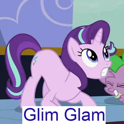 Size: 640x640 | Tagged: safe, derpibooru import, edit, edited screencap, editor:watermelon changeling, screencap, spike, starlight glimmer, dragon, pony, unicorn, to where and back again, anatomically incorrect, expand dong, exploitable meme, eyes closed, great moments in animation, meme, solo focus