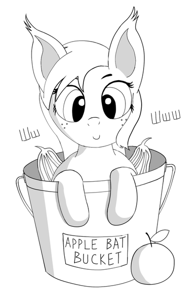 Size: 589x900 | Tagged: safe, artist:negasun, derpibooru import, applejack, bat pony, pony, apple, bat bucket, bucket, food, grayscale, monochrome, russian, sketch, solo