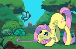 Size: 923x602 | Tagged: safe, artist:white-pilled, derpibooru import, fluttershy, butterfly, fence, floppy ears, forest, mushroom, solo, wide eyes