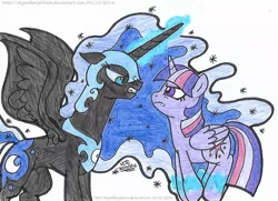 Size: 1024x740 | Tagged: safe, artist:artistnjc, deleted from derpibooru, derpibooru import, nightmare moon, twilight sparkle, twilight sparkle (alicorn), alicorn, pony, ethereal mane, eye contact, female, frown, glare, gritted teeth, looking at each other, magic, mare, sharp teeth, simple background, spread wings, teeth, transparent background