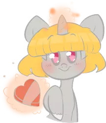 Size: 656x758 | Tagged: safe, artist:pondee, derpibooru import, oc, oc:candycorn, unofficial characters only, pony, unicorn, candy, chocolate, food, gift giving, levitation, looking at you, magic, simple background, solo, telekinesis, transparent background