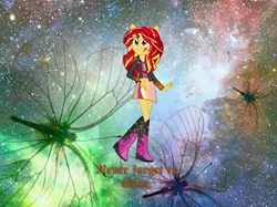 Size: 1600x1199 | Tagged: safe, artist:riofluttershy, artist:theshadowstone, derpibooru import, sunset shimmer, equestria girls, boots, clothes, high heel boots, high heels, jacket, leather jacket, motivational, shiny, skirt, solo