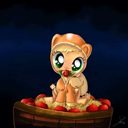 Size: 3000x3000 | Tagged: apple, applejack, artist:shogundun, barrel, clothes, cute, derpibooru import, female, filly, filly applejack, foal, food, freckles, hay, hoodie, jackabetes, pacifier, safe, shogundun is trying to murder us, signature, solo, that pony sure does love apples, weapons-grade cute, younger