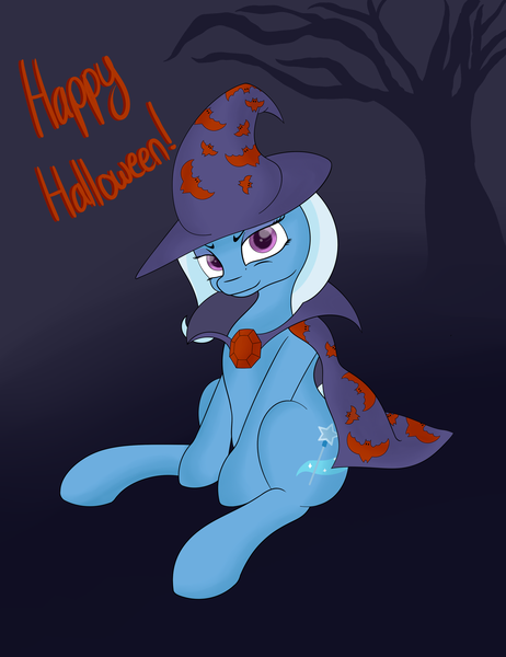 Size: 2000x2600 | Tagged: safe, artist:chamberofsnejwitz, derpibooru import, trixie, pony, unicorn, female, gradient background, halloween, looking at you, mare, sitting, smug, solo, text, tree