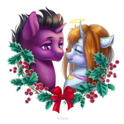 Size: 1024x1024 | Tagged: safe, artist:purpletigra, derpibooru import, oc, unofficial characters only, pony, unicorn, halo, holly, holly mistaken for mistletoe, male, oc x oc, shipping, simple background, straight, transparent background, wreath