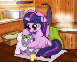 Size: 1263x1010 | Tagged: safe, artist:dsana, derpibooru import, spike, twilight sparkle, dragon, pony, unicorn, baby, baby dragon, baby spike, bath, bath toy, bathtub, bottle, cabin, cute, cutie mark, drying, dsana is trying to murder us, duo, female, filly, filly twilight sparkle, looking at each other, male, mama twilight, open mouth, rubber duck, sauna, shampoo, signature, smiling, spikabetes, spikelove, towel, towel rack, toy, twiabetes, unicorn twilight, water, weapons-grade cute, window, wood, young