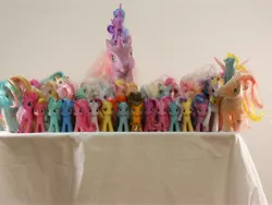 Size: 4000x3000 | Tagged: safe, artist:flutterflyraptor, derpibooru import, applejack, fluttershy, lyra heartstrings, pinkie pie, princess cadance, princess celestia, princess luna, rainbow dash, rarity, trixie, twilight sparkle, twilight sparkle (alicorn), winona, alicorn, pony, absurd resolution, brushable, g1, g3, irl, mane six, photo, square crossover, toy