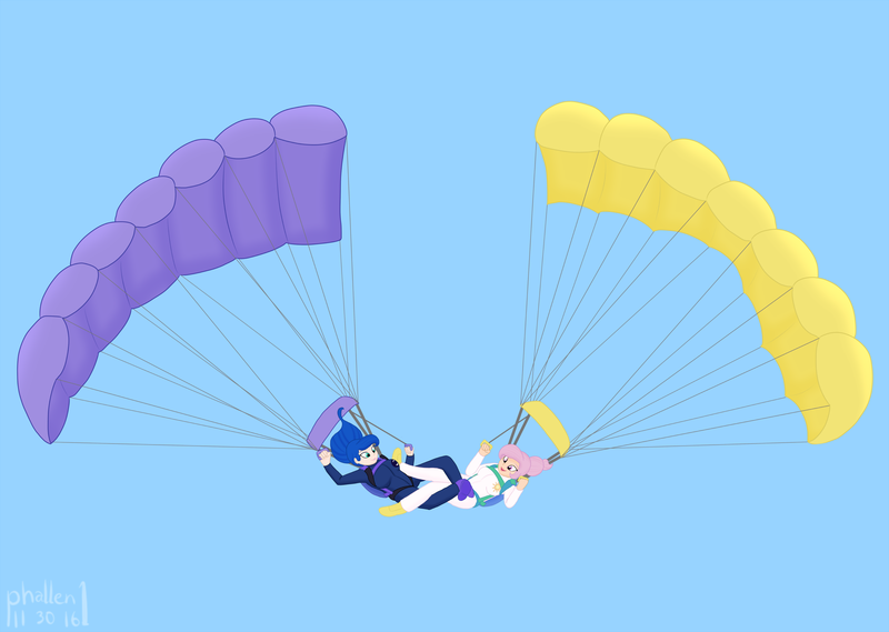 Size: 2900x2062 | Tagged: air ponyville, alternate hairstyle, artist:phallen1, clothes, cutie mark clothes, derpibooru import, formation, hair bun, human, humanized, jumpsuit, leg hold, parachute, parachuting, ponytail, princess celestia, princess luna, safe, skydiving