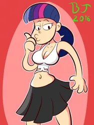 Size: 4500x6000 | Tagged: :3, absurd resolution, alternate hairstyle, artist:ben-the-looney, belly button, breasts, busty twilight sparkle, cleavage, clothes, derpibooru import, duckface, female, front knot midriff, human, humanized, midriff, pleated skirt, ponytail, skirt, skirt lift, solo, solo female, suggestive, tanktop, twilight sparkle