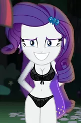 Size: 400x610 | Tagged: suggestive, artist:ah96, derpibooru import, edit, edited screencap, editor:ah96, screencap, rarity, equestria girls, legend of everfree, arm behind back, belly button, black underwear, bra, breast edit, breasts, cleavage, clothes, female, panties, ribbon, solo, underwear, underwear edit