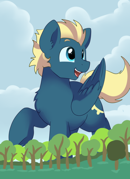 Size: 1920x2642 | Tagged: safe, artist:pridark, derpibooru import, oc, oc:ocean serenity, unofficial characters only, pegasus, pony, commission, cute, forest, giant pony, macro, male, open mouth, raised hoof, solo, stallion, underhoof