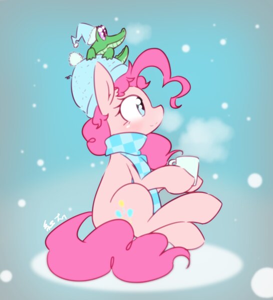 Size: 1979x2178 | Tagged: artist:akainu_pony, clothes, cup, cute, derpibooru import, diapinkes, duo, gummy, hat, pinkie pie, profile, safe, scarf, sitting, winter