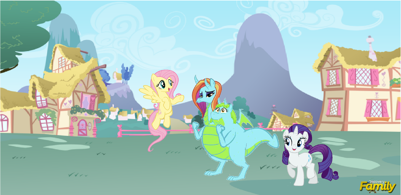 Size: 1024x499 | Tagged: source needed, useless source url, safe, derpibooru import, fluttershy, rarity, sassy saddles, whoa nelly, dragon, pegasus, pony, unicorn, conjoined, devon and cornwall, fat, female, mare, multiple heads, quest for camelot, sassy nelly, sisters, story included, two heads, two-headed dragon