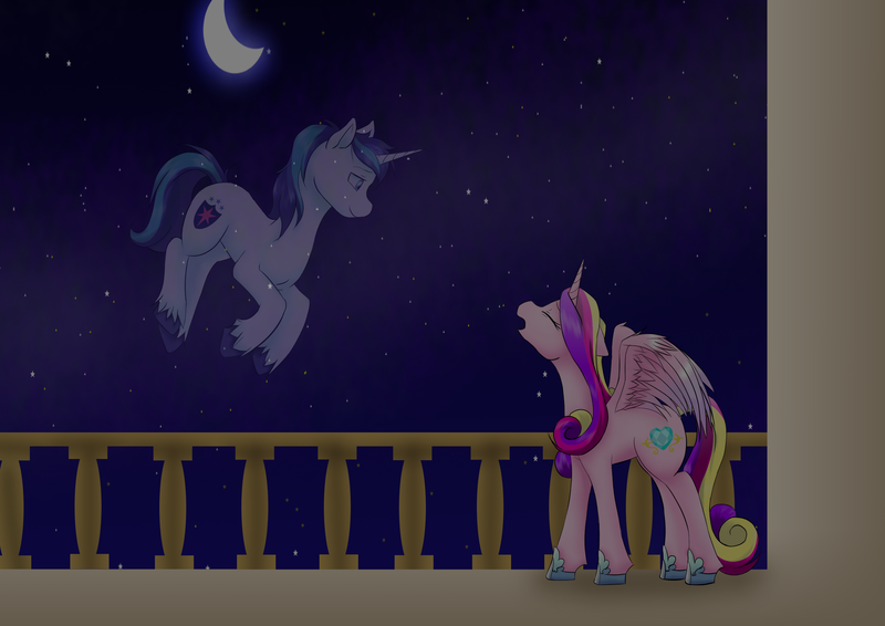 Size: 3508x2480 | Tagged: artist:amy-chan, artist:xxxamychanxxx, balcony, crescent moon, derpibooru import, eyes closed, floppy ears, immortality blues, lidded eyes, moon, night, open mouth, princess cadance, remembrance (audio drama), safe, shining armor, singing, smiling, spread wings, stars