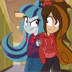 Size: 1000x1000 | Tagged: safe, artist:wubcakeva, derpibooru import, sonata dusk, oc, oc:cupcake slash, equestria girls, rainbow rocks, amulet, canterlot high, clothes, duo, hallway, hands in pockets, jewelry, lockers, necklace, pants, sweater