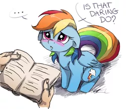 Size: 1500x1300 | Tagged: safe, artist:buttersprinkle, derpibooru import, rainbow dash, human, pony, ..., adorkable, blushing, book, buttersprinkle is trying to murder us, cute, daaaaaaaaaaaw, dashabetes, dialogue, disembodied hand, dork, egghead, floppy ears, fluffy, frown, hnnng, looking up, offscreen character, sad, simple background, sitting, sweet dreams fuel, text, white background