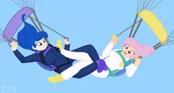 Size: 1200x640 | Tagged: air ponyville, alternate hairstyle, artist:phallen1, clothes, cutie mark clothes, derpibooru import, formation, hair bun, human, humanized, jumpsuit, leg hold, parachute, parachuting, ponytail, princess celestia, princess luna, safe, skydiving