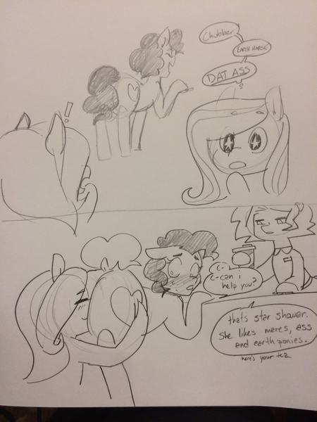 Size: 852x1136 | Tagged: questionable, artist:/d/non, derpibooru import, oc, oc:heartspring, oc:star shower, unofficial characters only, earth pony, pegasus, pony, barista, blushing, butt sniffing, butthug, comic, dialogue, dock, female, food, grayscale, hug, mare, monochrome, plot worship, simple background, surprised, tea, traditional art, white background, wingding eyes