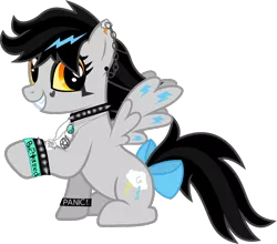 Size: 1131x995 | Tagged: safe, artist:lightningbolt, derpibooru import, oc, oc:lightning dee, unofficial characters only, pegasus, pony, 2017 community collab, derpibooru community collaboration, .svg available, bow, bracelet, choker, ear piercing, earring, face paint, female, grin, hair over one eye, jewelry, looking at you, makeup, mare, minecraft, necklace, panic! at the disco, piercing, raised hoof, simple background, sitting, smiling, solo, spiked wristband, spread wings, squee, svg, tail bow, transparent background, vector, wristband