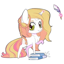 Size: 500x500 | Tagged: safe, artist:curiouskeys, derpibooru import, oc, oc:crystal wishes, unofficial characters only, pony, unicorn, book, braid, chibi, female, gift art, horn ring, magic, offspring, parent:jet set, parent:upper crust, parents:upperset, quill, ring, simple background, solo, transparent background