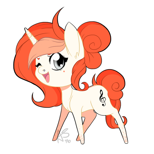 Size: 500x500 | Tagged: safe, artist:curiouskeys, derpibooru import, oc, oc:spotted rhythm, unofficial characters only, pony, unicorn, chibi, freckles, gift art, ginger, music notes, nose piercing, open mouth, piercing, simple background, solo, transparent background