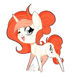 Size: 500x500 | Tagged: safe, artist:curiouskeys, derpibooru import, oc, oc:spotted rhythm, unofficial characters only, pony, unicorn, chibi, freckles, gift art, ginger, music notes, nose piercing, open mouth, piercing, simple background, solo, transparent background