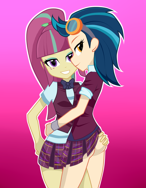 Size: 1400x1800 | Tagged: questionable, artist:jadoc-san, derpibooru import, indigo zap, sour sweet, equestria girls, friendship games, ass, bedroom eyes, bottomless, butt grab, clothes, crystal prep academy uniform, female, freckles, gradient background, grope, hand on butt, indiglute zap, lesbian, looking at you, looking back, miniskirt, no panties, school uniform, shipping, show accurate, skirt, skirt lift, smiling, sourzap