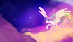 Size: 1024x595 | Tagged: artist:rutkotka, cloud, derpibooru import, eyes closed, floppy ears, flying, missing accessory, morning, princess celestia, safe, sky, smiling, solo, spread wings, stars