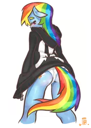 Size: 518x722 | Tagged: anthro, artist:4bitten, ass, blushing, both cutie marks, clothes, cropped, derpibooru import, edit, female, floppy ears, hoodie, looking at you, looking back, panties, rainbow dash, rainbutt dash, simple background, solo, solo female, suggestive, underwear, white background, white underwear