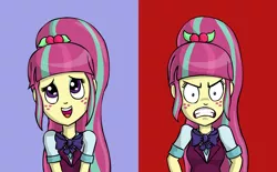 Size: 1100x680 | Tagged: safe, artist:artattax, derpibooru import, sour sweet, equestria girls, friendship games, angry, blushing, frown, glare, gritted teeth, open mouth, simple background, smiling, sour rage, sour sweet is not amused, sourdere, tsundere, unamused, wide eyes