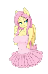 Size: 1100x1700 | Tagged: adorasexy, anthro, artist:skecchiart, ballerina, ballet, bedroom eyes, breasts, busty fluttershy, cleavage, clothes, cute, derpibooru import, dress, female, flutterina, fluttershy, lidded eyes, looking at you, sexy, simple background, smiling, solo, solo female, suggestive, tutu, white background